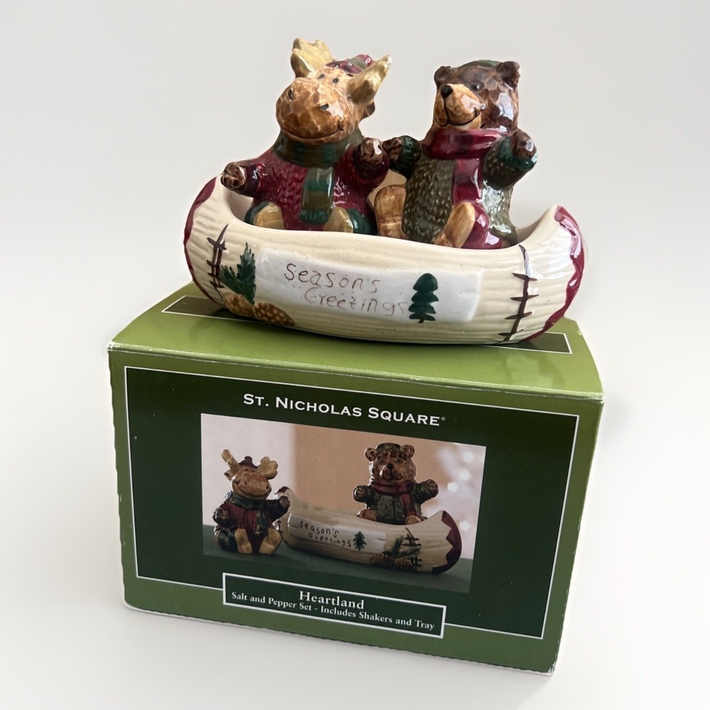 St. Nicholas Square Heartland Salt‎ & Pepper Set Bear Reindeer Rustic Ceramic